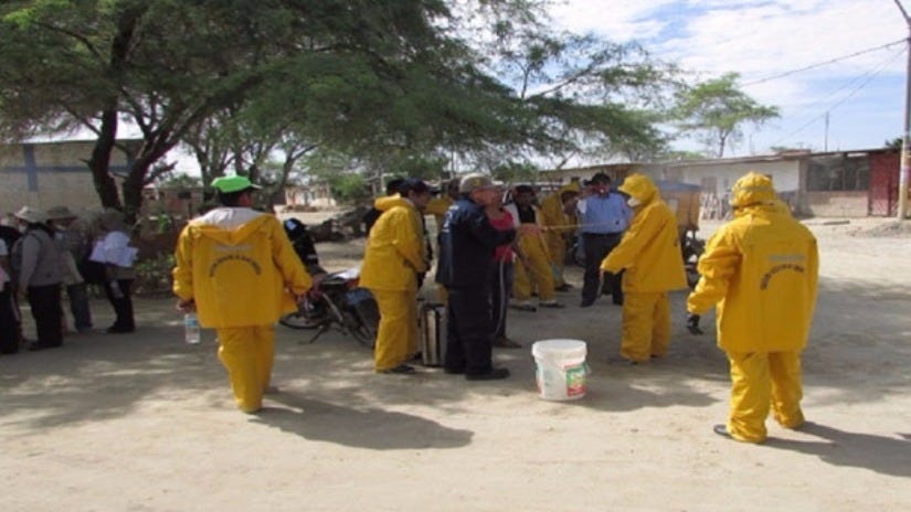 Funcionarios del Minsa y otros sectores fumigan las viviendas afectadas por el mosquito. 