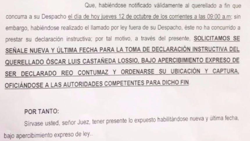 El abogado de Manuel Velarde solicitó que el juez fije una nueva y última fecha para tomar la declaración de Castañeda.