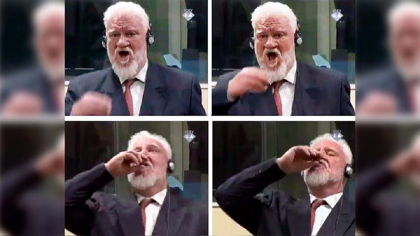 Combo con varias capturas de un video facilitado por el Tribunal Penal Internacional para la antigua Yugoslavia que muestra al bosniocroata Slobodan Praljak mientras ingiere veneno en la sala de la corte en La Haya (Holanda).