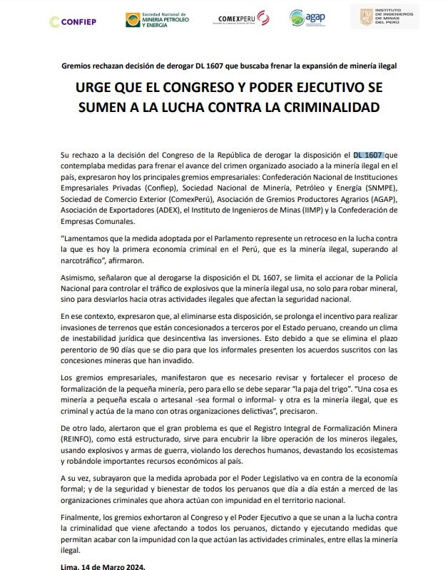 Comunicado de gremios sobre derogación de DL 1607
