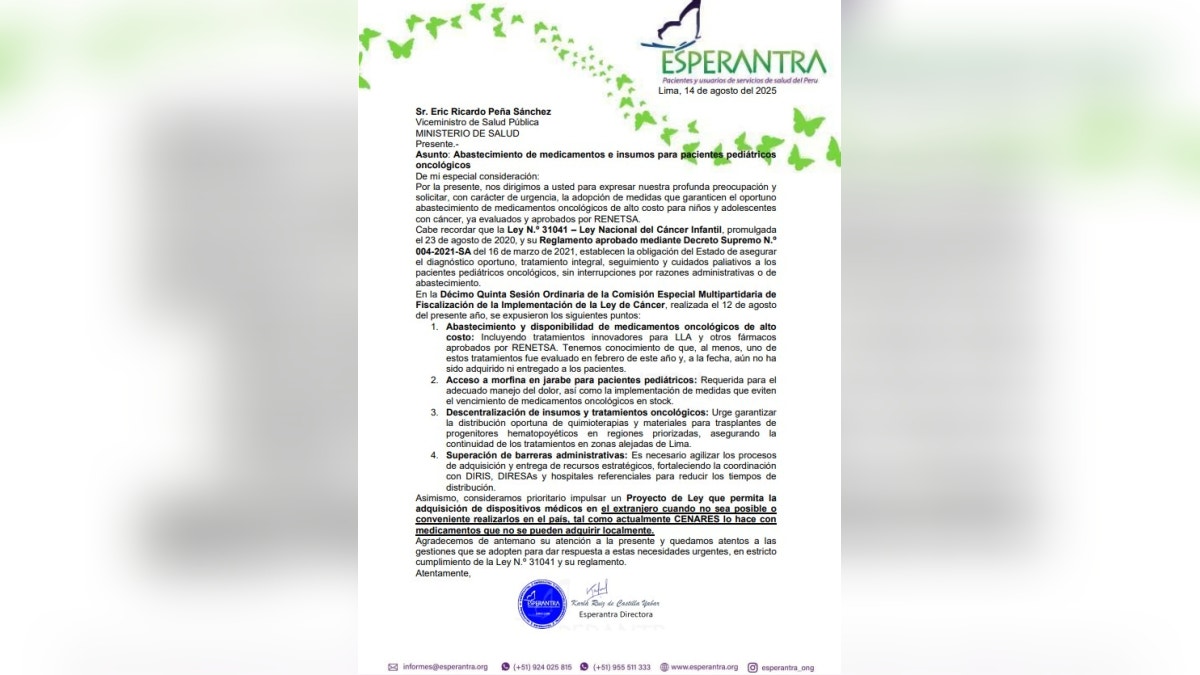 Oficio entregado por Esperantra al Ministerio de Salud donde solicitan abastecimiento de medicamentos para pacientes pediátricos de cáncer.