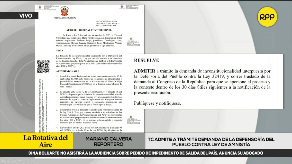 TC admite a trámite demanda de la Defensoría del Pueblo contra la Ley de Amnistía 