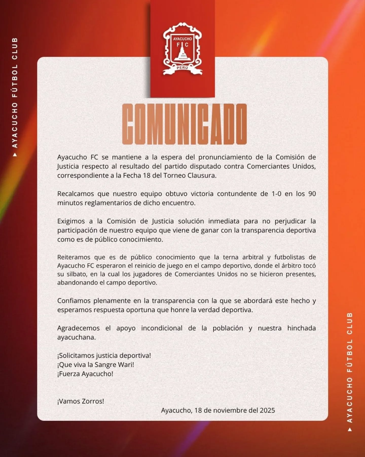 Esta es la postura de parte de Ayacucho FC. Esta es la postura de parte de Ayacucho FC.