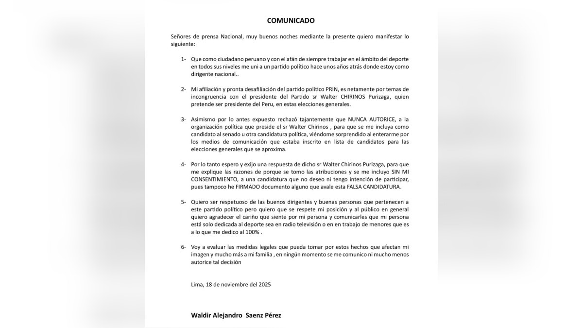 Waldir Sáenz denuncia inscripción sin autorización en listas al Senado