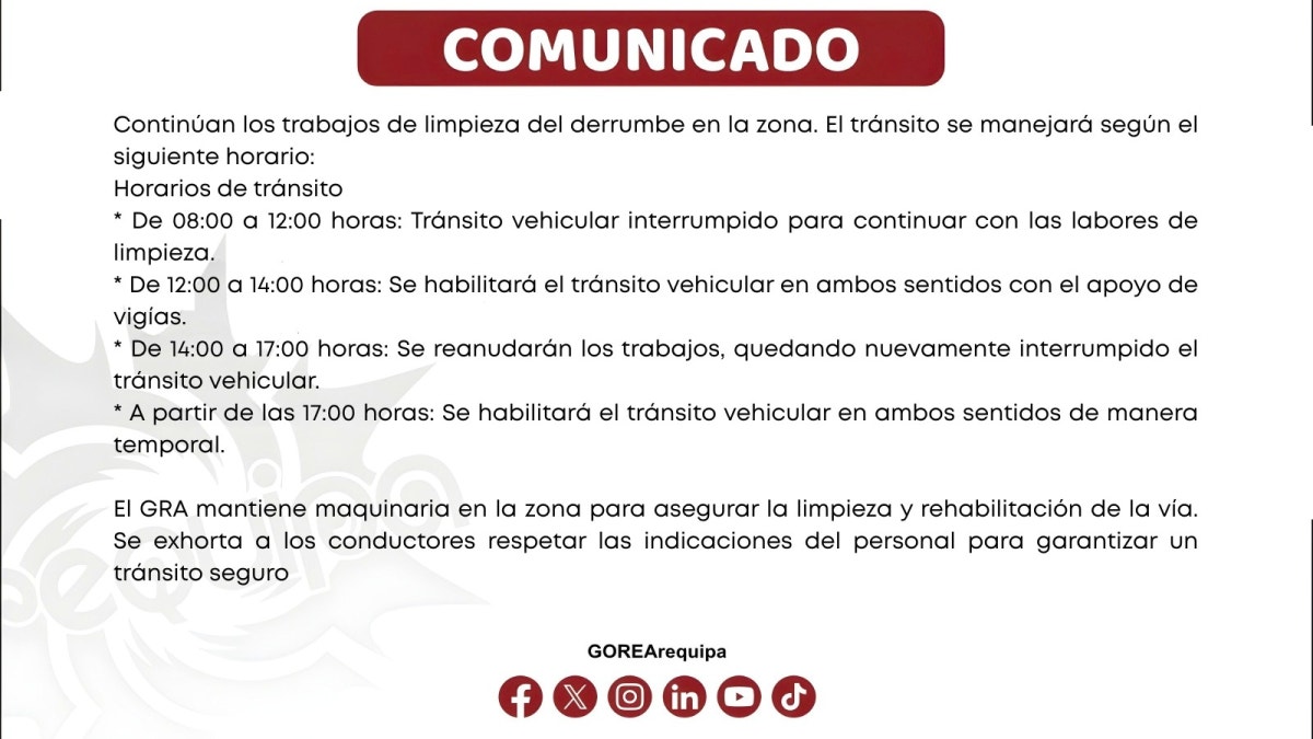 Debido a los trabajos de limpieza del derrumbe en el km 732 de la Panamericana Sur y estableció un horario de tránsito temporal.