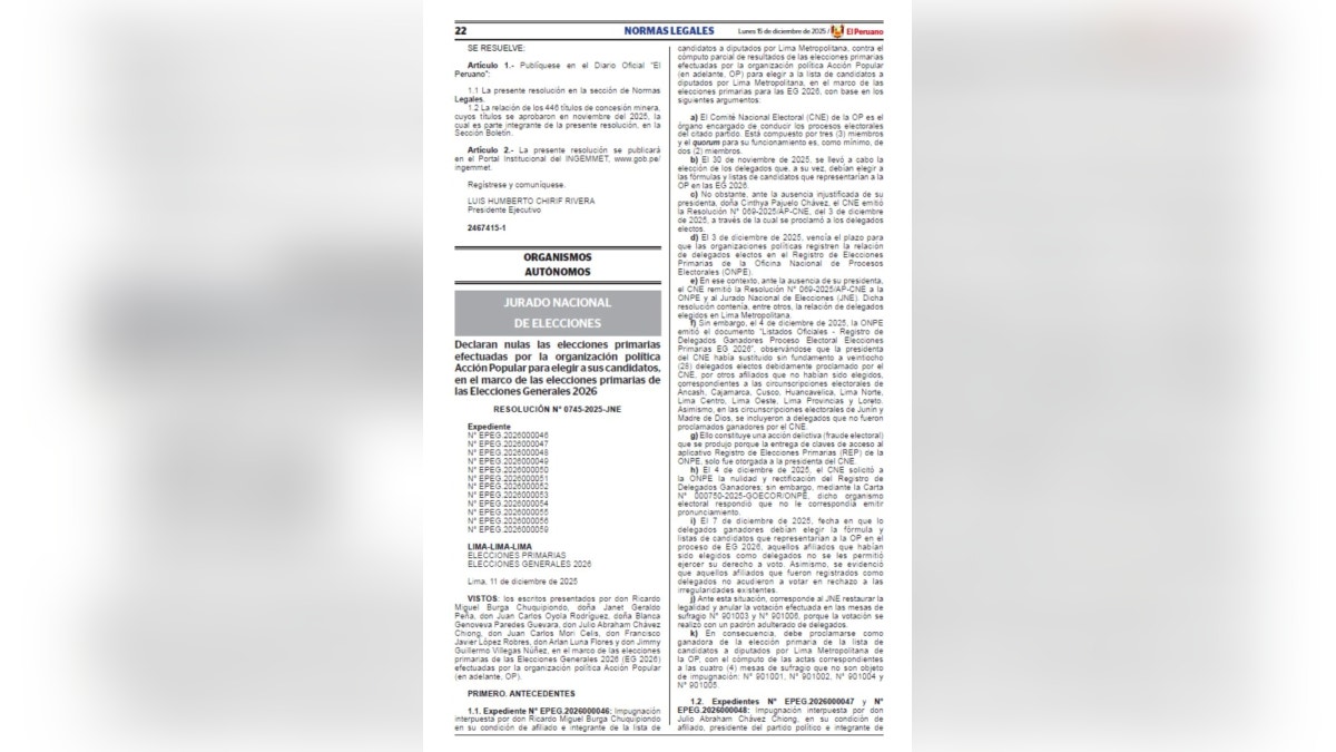 JNE oficializa nulidad de las primarias de Acción Popular por graves irregularidades en el padrón de delegados