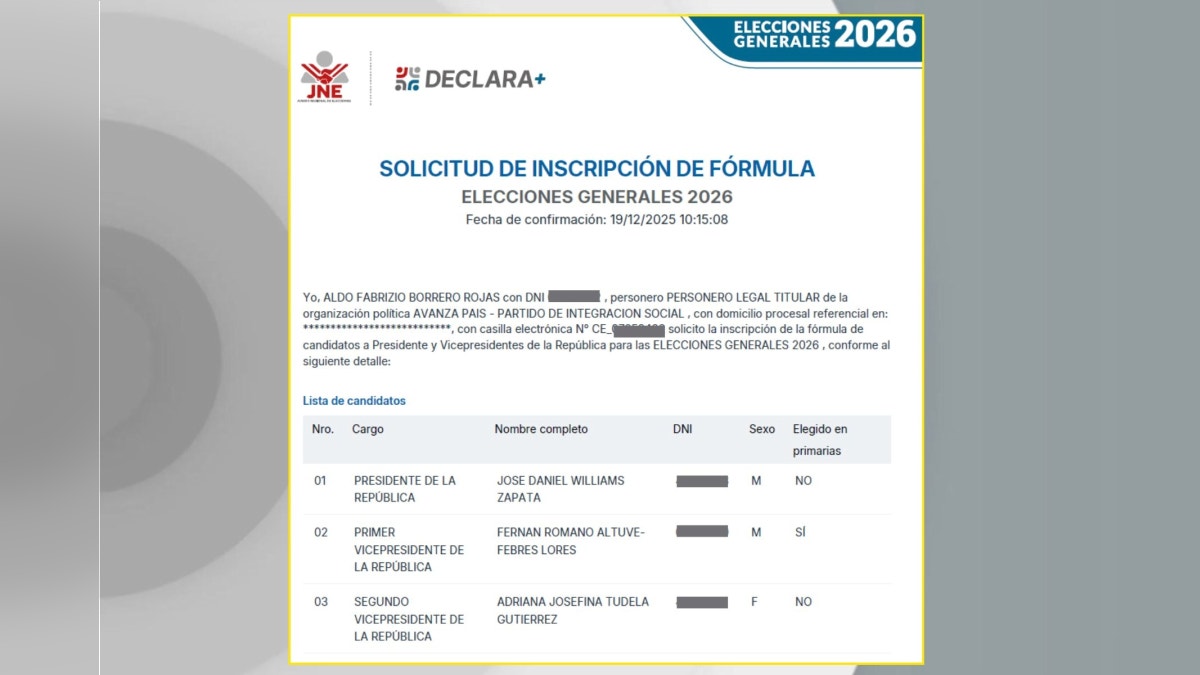 Avanza País se convierte en la primera agrupación en solicitar la inscripción de su fórmula presidencial para las Elecciones 2026, según JNE