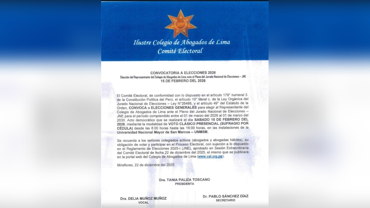 Convocatoria del CAL a Elecciones 2026 para elegir al representante ante el JNE. 