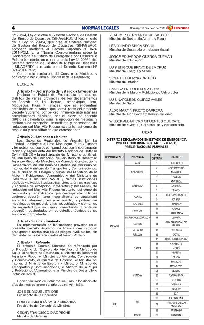Gobierno declara estado de emergencia por 60 días en 134 distritos ...