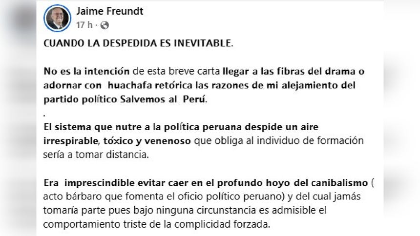 Parte del mensaje del excandidato a la vicepresidencia en su cuenta de Facebook