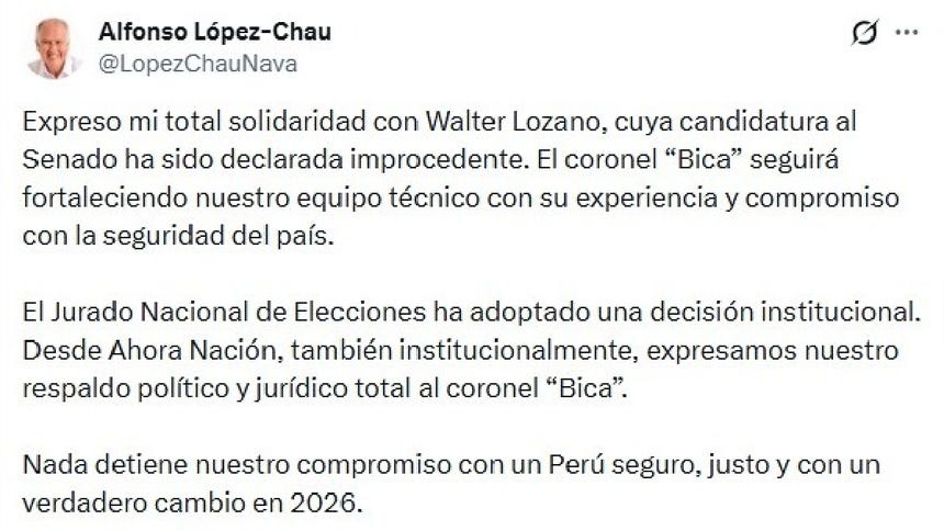 Post en X de la cuenta oficial del candidato Alfonso López Chau