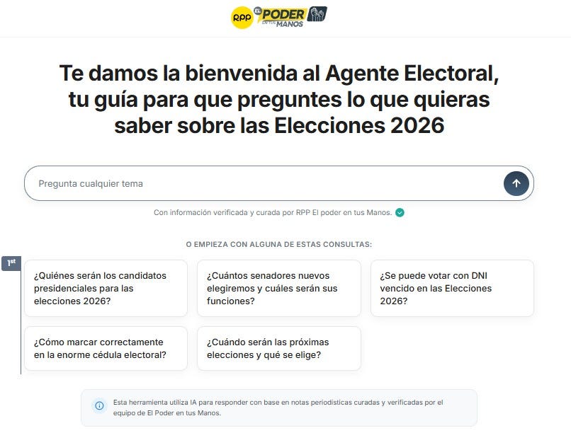 Grafica del Agente Electoral operado con IA y con información contrastada previamente por el equipo de RPP. 