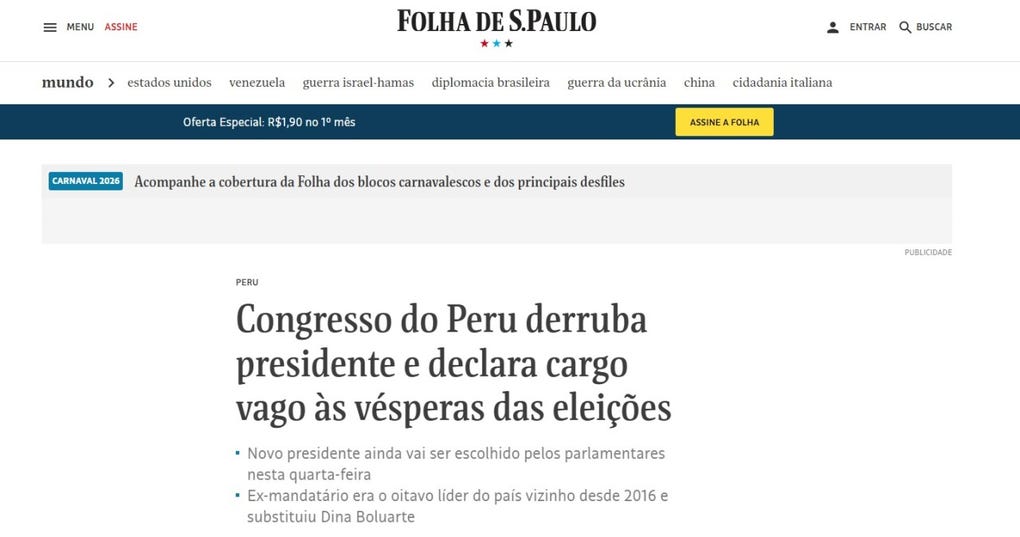 El diario brasileño reportó: El Congreso de Perú destituye al presidente y declara vacante el cargo en vísperas de las elecciones.