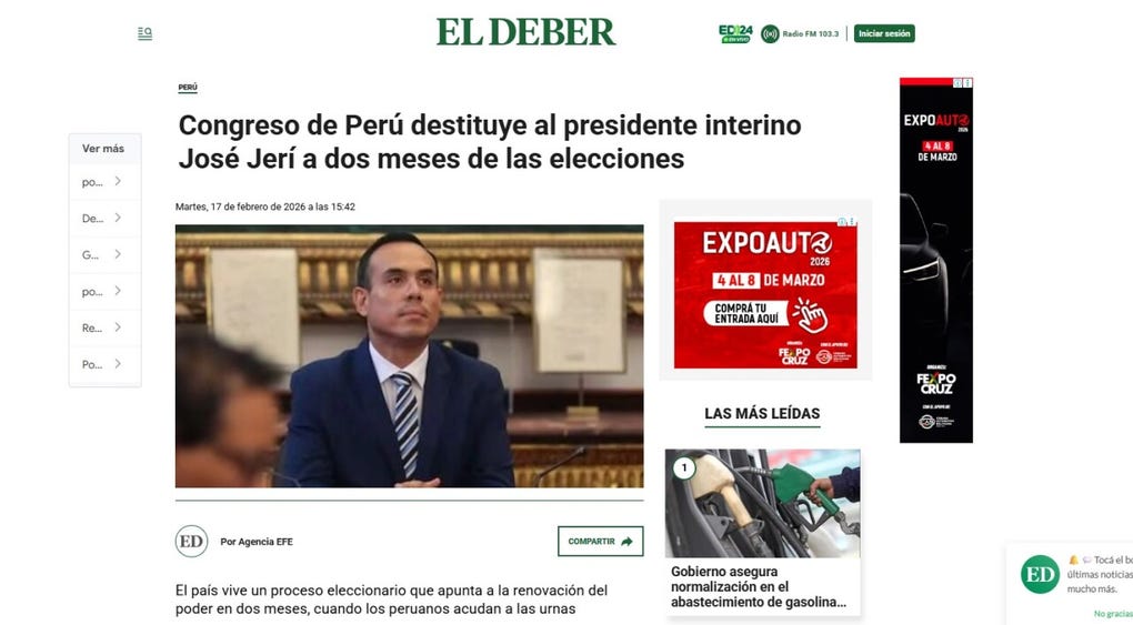 Portada del medio El Deber de Bolivia.