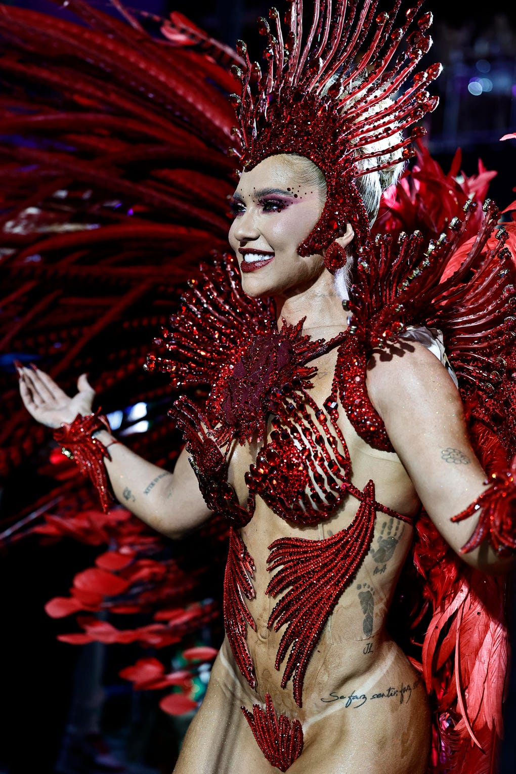 Vestida con un lujoso traje rojo brillante, pero con muchas transparencias, con pedrería y plumas que evocaban el tema que inspiró el desfile de la escuela, Fonseca cruzó los 700 metros del sambódromo al frente de los cerca de 300 percusionistas de la Invocada, como se conoce a la batería (orquesta) de Grande Río.