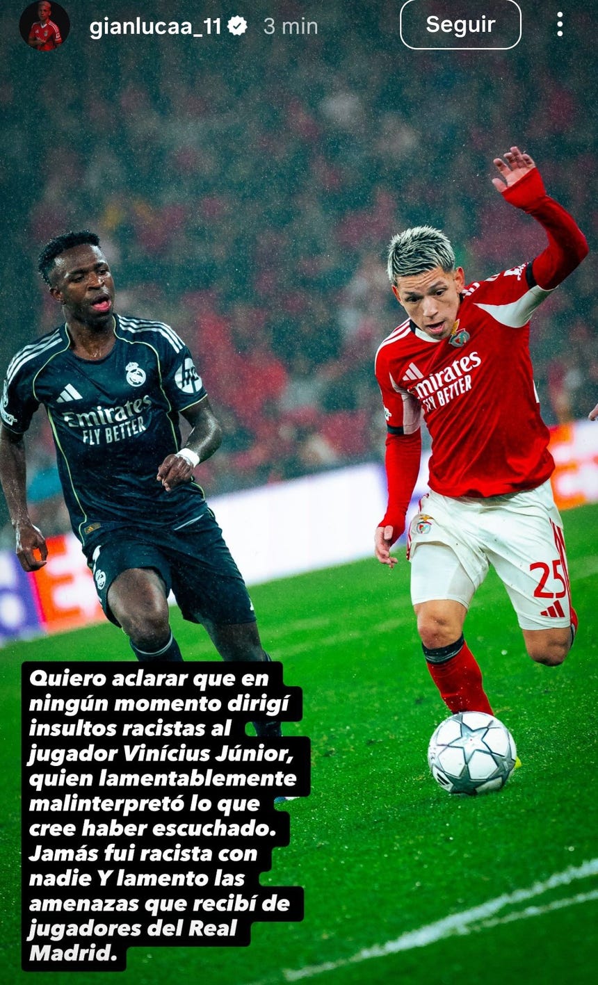 Así fue la denuncia de Gianluca Prestianni en sus redes sociales.