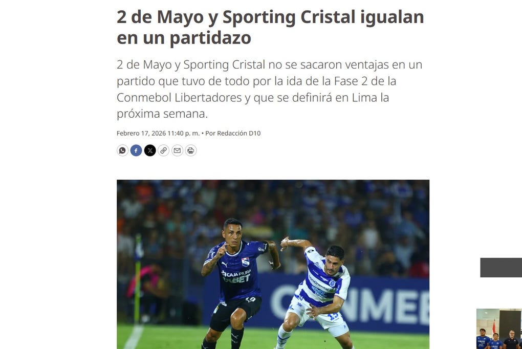 <strong>D10 de Paraguay:</strong> 2 de Mayo y Sporting Cristal igualan en un partidazo