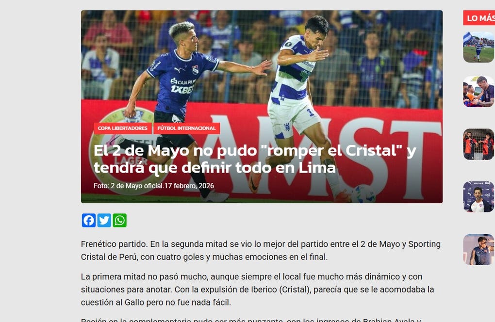 <strong>VS Sports de Paraguay: </strong>El 2 de Mayo no pudo romper el Cristal y tendrá que definir todo en Lima