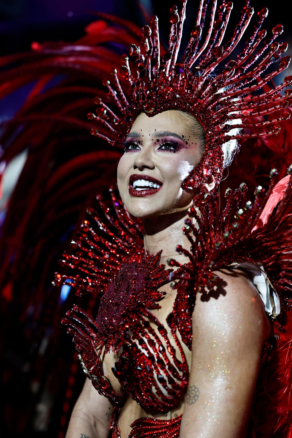 Su valioso disfraz, mantenido en secreto hasta última hora, contaba con 60 000 cristales, una corona y un adorno de 12 kilos en la espalda simulando alas, con plumas recicladas de hasta dos metros equipadas con luces LED para ofrecer efectos visuales especiales, un adorno que terminó restringiendo sus movimientos.