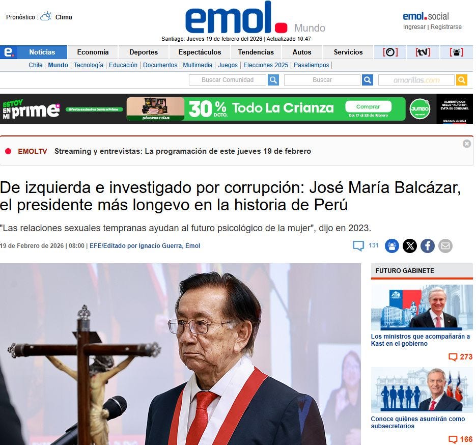 El Mercurio de Chile: “De izquierda e investigado por corrupción: José María Balcázar, el presidente más longevo en la historia del Perú”.
