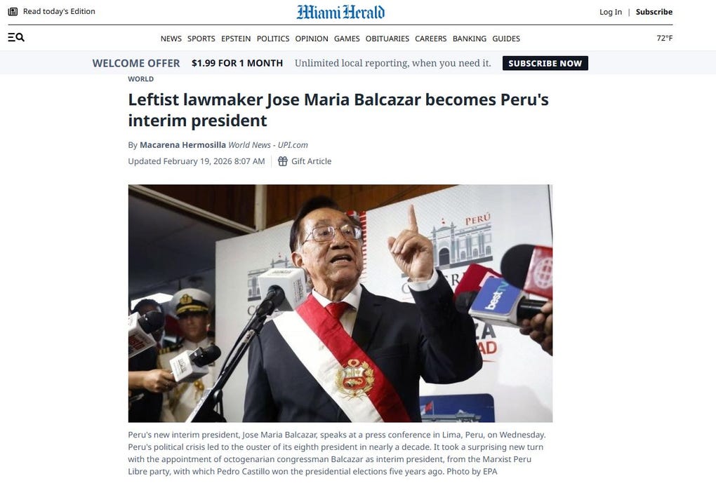 Miami Herald: “El diputado izquierdista José María Balcázar se convierte en presidente interino de Perú”