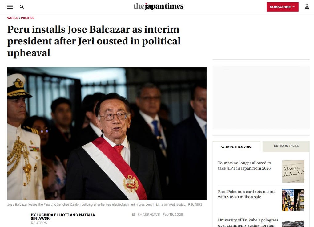 The Japan Times: “Perú instala a José Balcázar como presidente interino tras el derrocamiento de Jeri en un conflicto político”