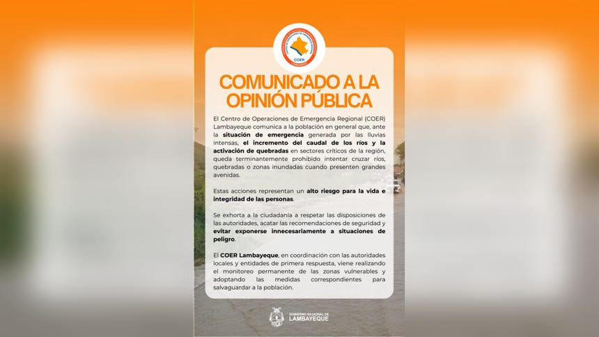 Gobierno Regional pide a la población tomar las prevenciones necesarias para evitar tragedias. 