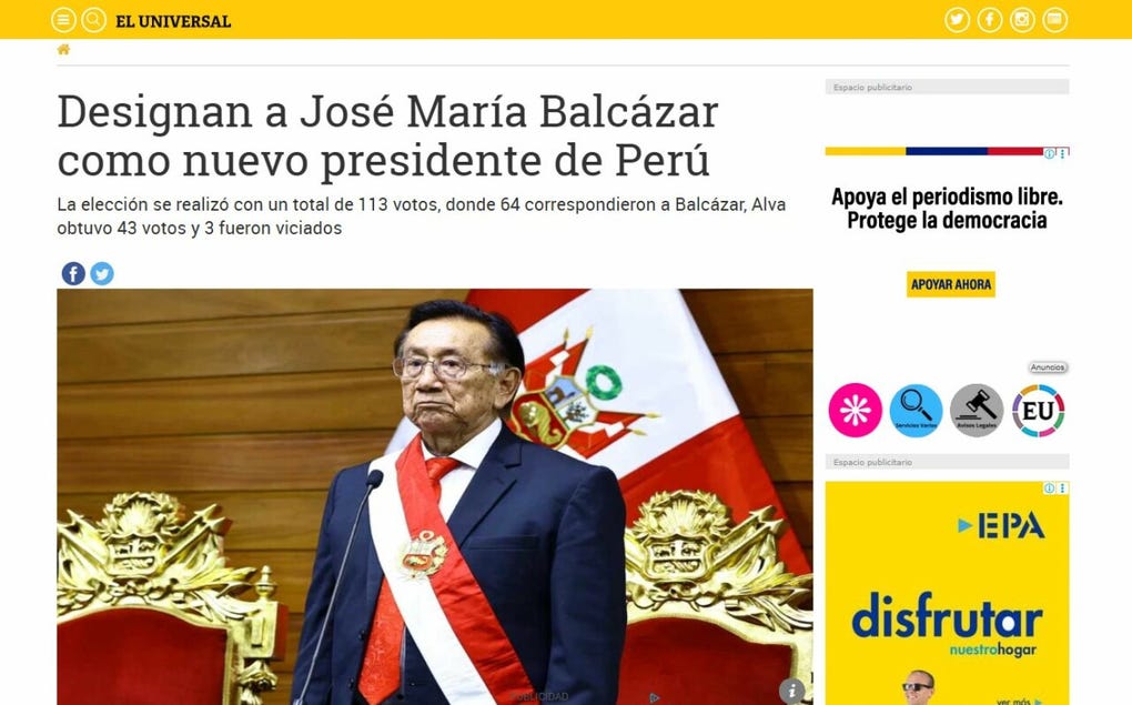 El Universal de Venezuela: “Designan a José María Balcázar como nuevo presidente de Perú. La elección se realizó con un total de 113 votos, donde 64 correspondieron a Balcázar, Alva obtuvo 43 votos y 3 fueron viciados”
