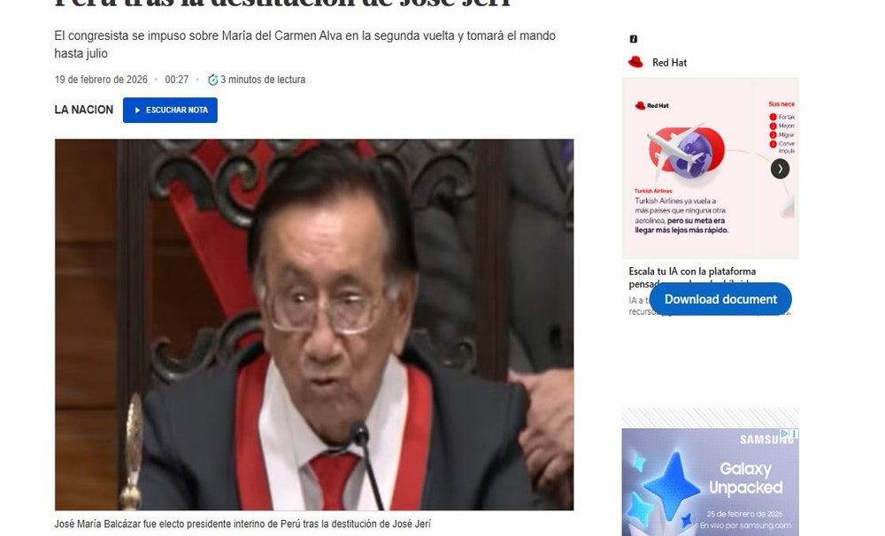 La Nación de Argentina: “José María Balcázar fue electo presidente interino de Perú tras la destitución de José Jerí. El congresista se impuso sobre María del Carmen Alva en la segunda vuelta y tomará el mando hasta julio”.