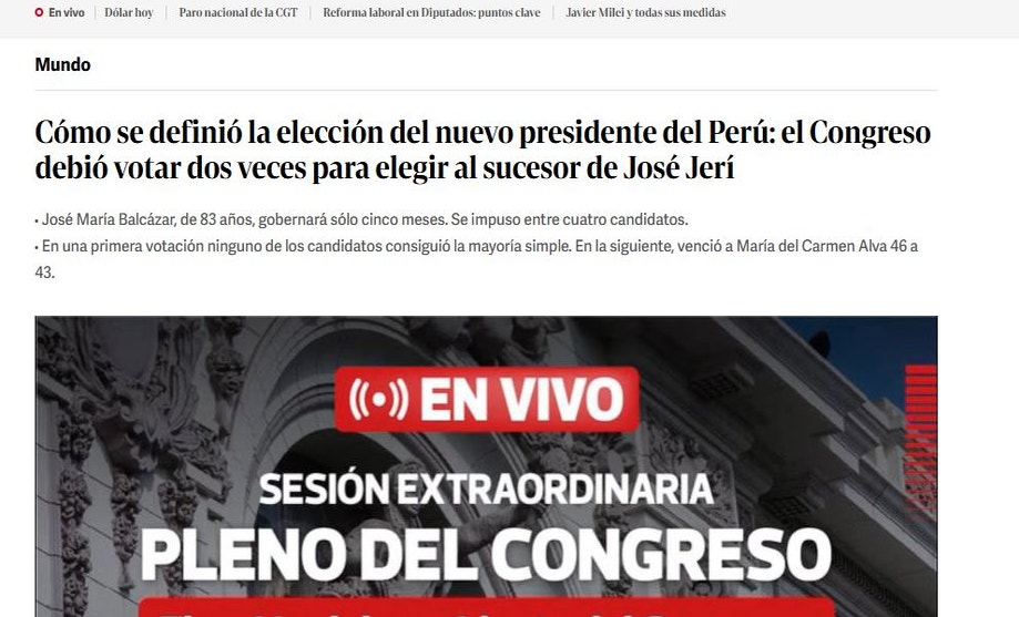 Clarín de Argentina: “El Congreso debió votar dos veces para elegir al sucesor de José Jerí. José María Balcázar, de 83 años, gobernará sólo cinco meses. Se impuso entre cuatro candidatos”.