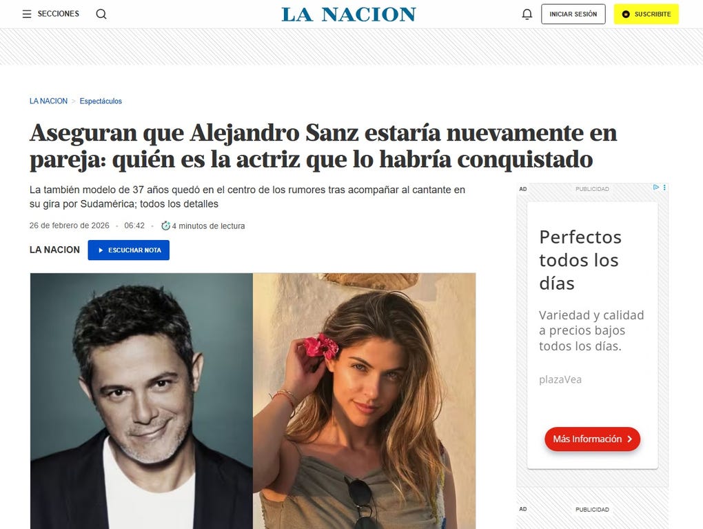 En Argentina, el medio La Nación también hizo eco de la noticia: Aseguran que Alejandro Sanz estaría nuevamente en pareja: quién es la actriz que lo habría conquistado.