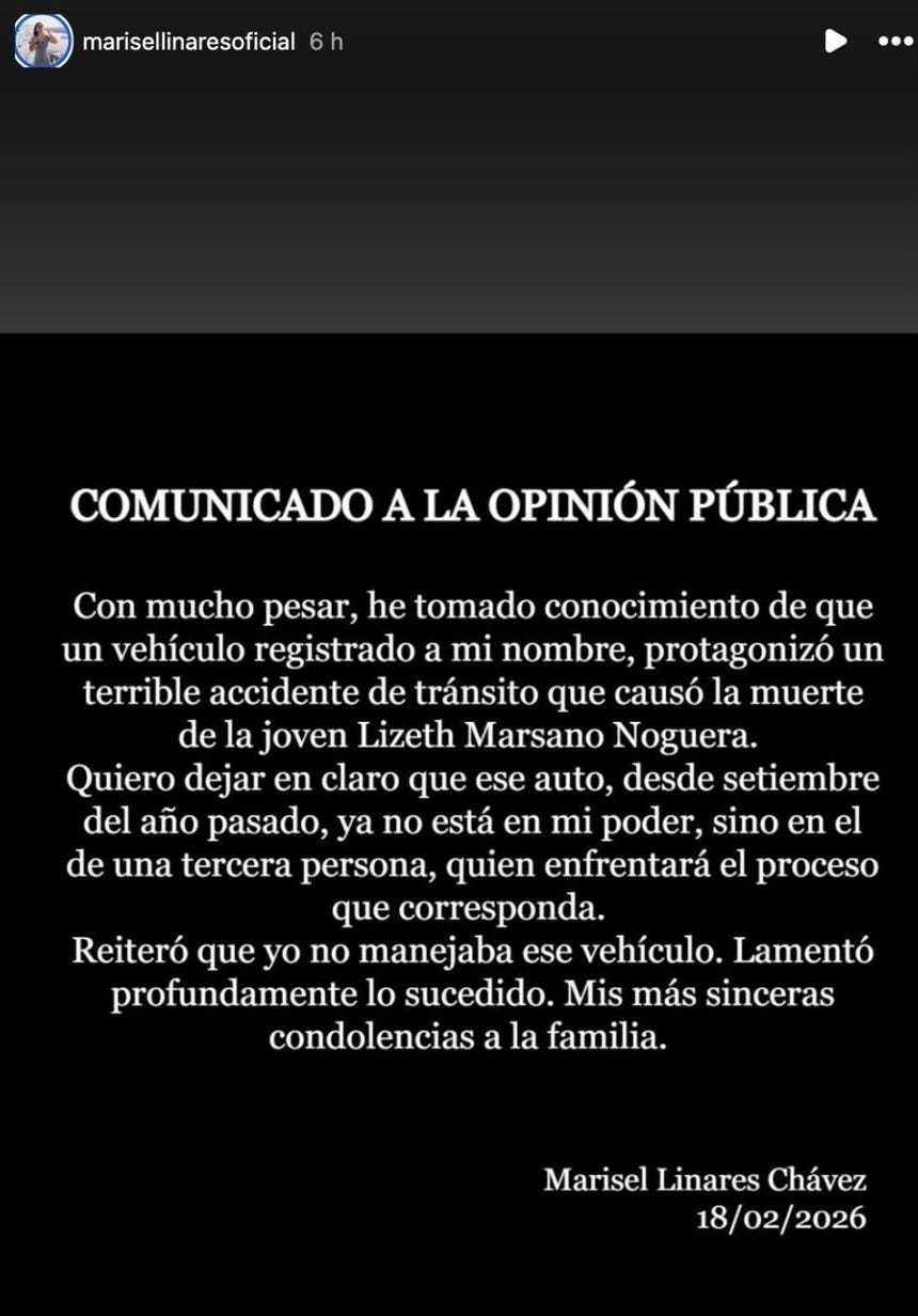 Comunicado de Marisel Linares después de que se difundiera que el carro estaba a su nombre. 
