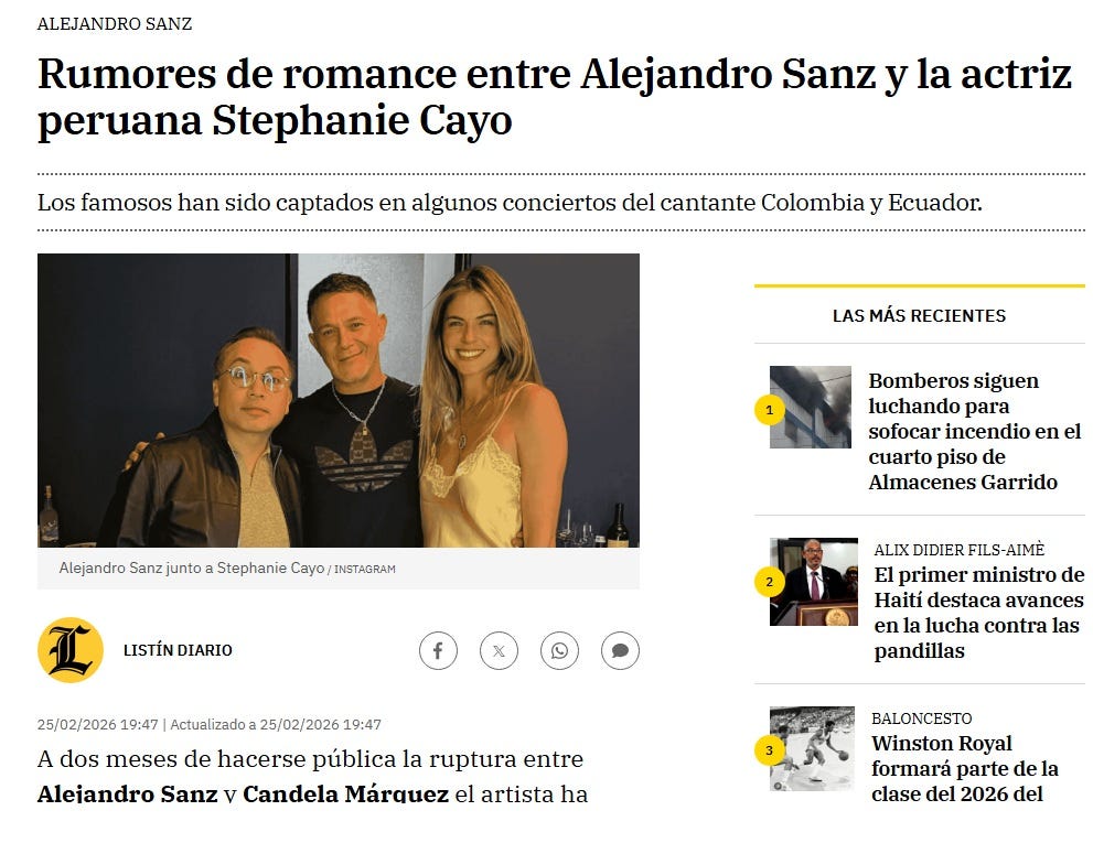 Listín Diario, de República Dominicana, reporta lo siguiente: Rumores de romance entre <strong>Alejandro Sanz</strong> y la actriz peruana <strong>Stephanie Cayo</strong>