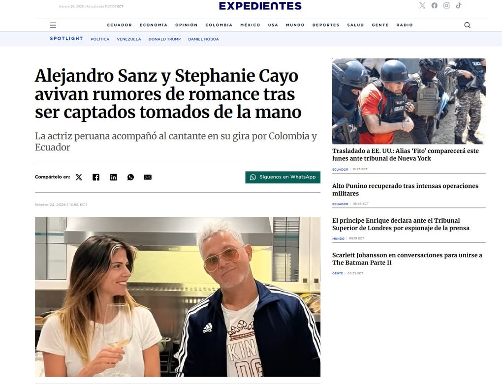 También desde Ecuador, el medio Expedientes titula: <strong>Alejandro Sanz</strong> y <strong>Stephanie Cayo</strong> avivan rumores de romance tras ser captados tomados de la mano.