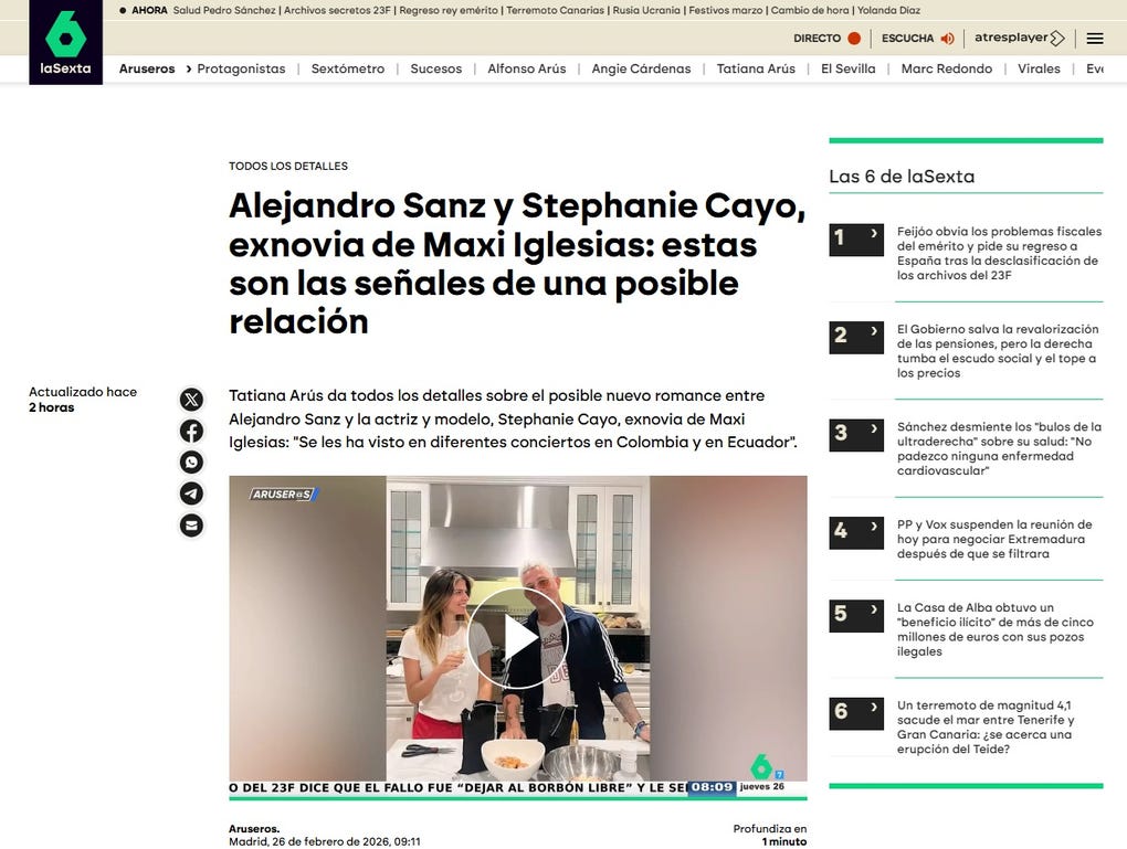 La noticia de los rumores de romance entre el cantante y la modelo peruana también llegó a España, donde el medio La Sexta titula: <strong>Alejandro Sanz</strong> y <strong>Stephanie Cayo</strong>, exnovia de Maxi Iglesias: estas son las señales de una posible relación.