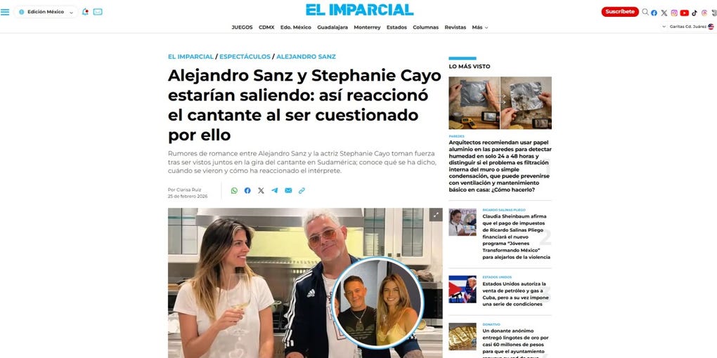 Desde México, el diario El Imparcial informa: Alejandro Sanz y Stephanie Cayo estarían saliendo: así reaccionó el cantante al ser cuestionado por ello
