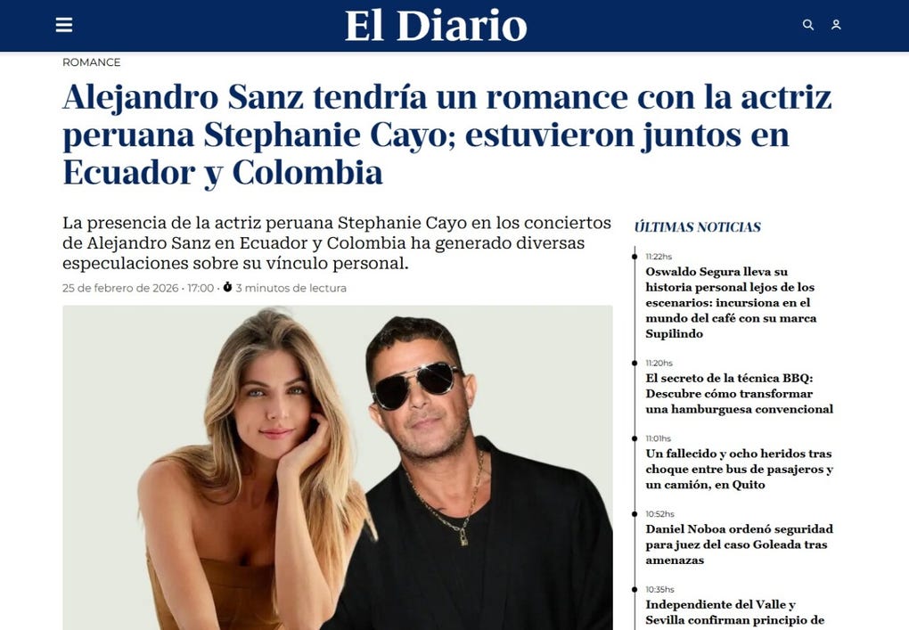 El medio ecuatoriano El Diario informa lo siguiente: Alejandro Sanz tendría un romance con la actriz peruana Stephanie Cayo; estuvieron juntos en Ecuador y Colombia