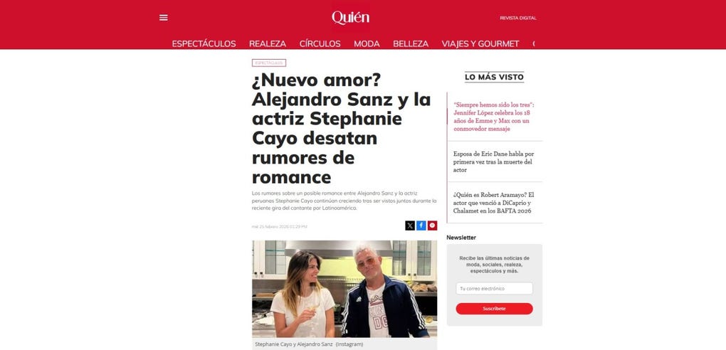 Nuevamente, desde España, el portal Quién titula: ¿Nuevo amor? Alejandro Sanz y la actriz Stephanie Cayo desatan rumores de romance.