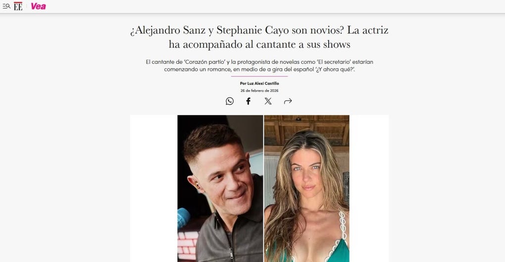 Los rumores también llegaron a Colombia a través de El Espectador: ¿Alejandro Sanz y Stephanie Cayo son novios? La actriz ha acompañado al cantante a sus shows.