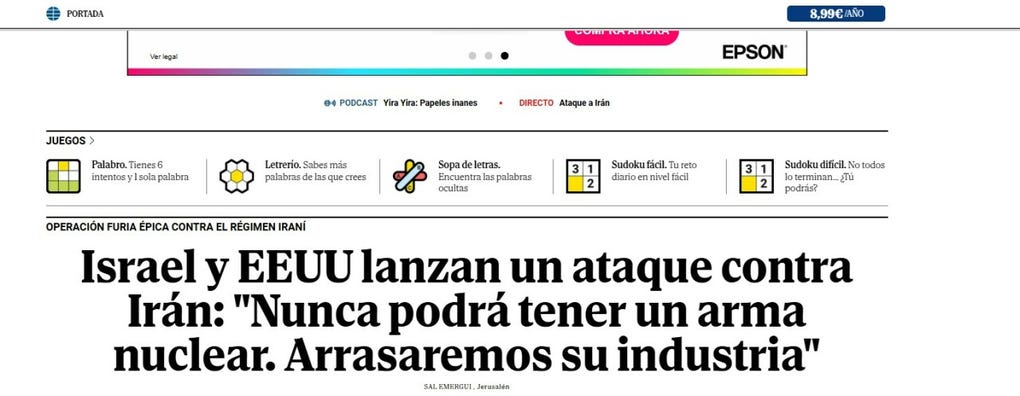 El Mundo de España da amplia cobertura al ataque contra Irán.