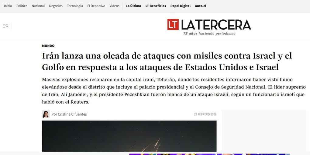 La Tercera de Chile cubre así el ataque contra Irán.