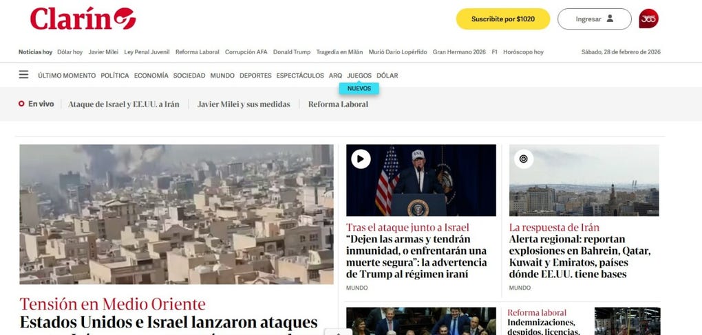 Esta es la portada de Clarín de Argentina.