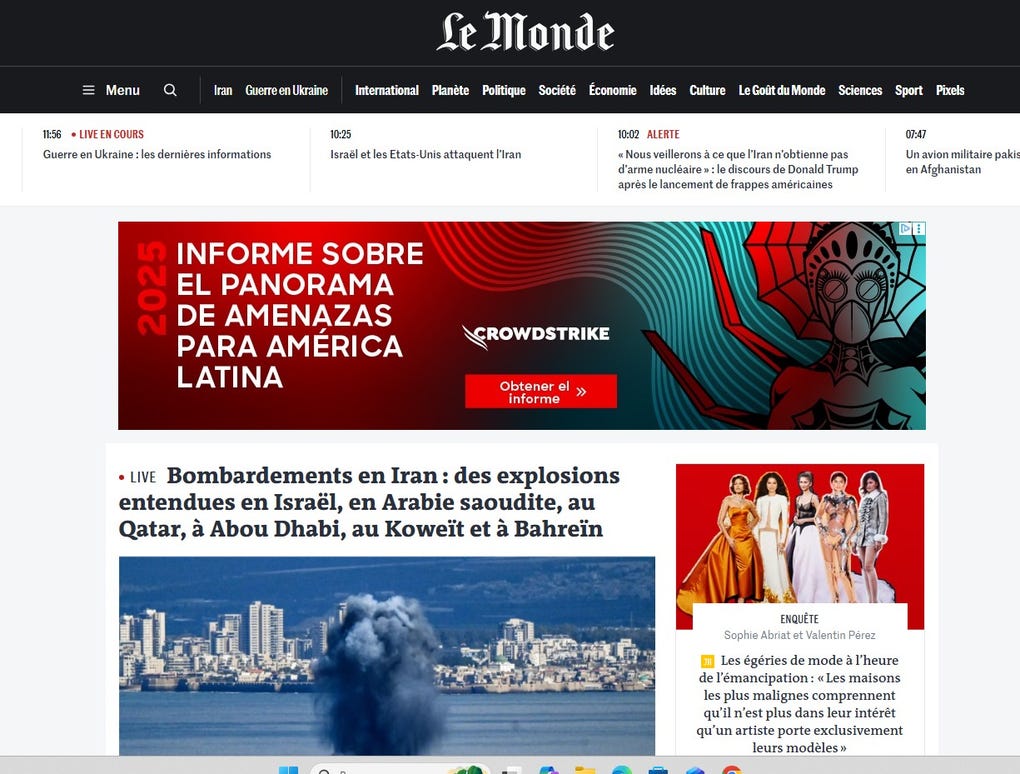 Le Monde de Francia dio amplia cobertura al ataque a Irán.