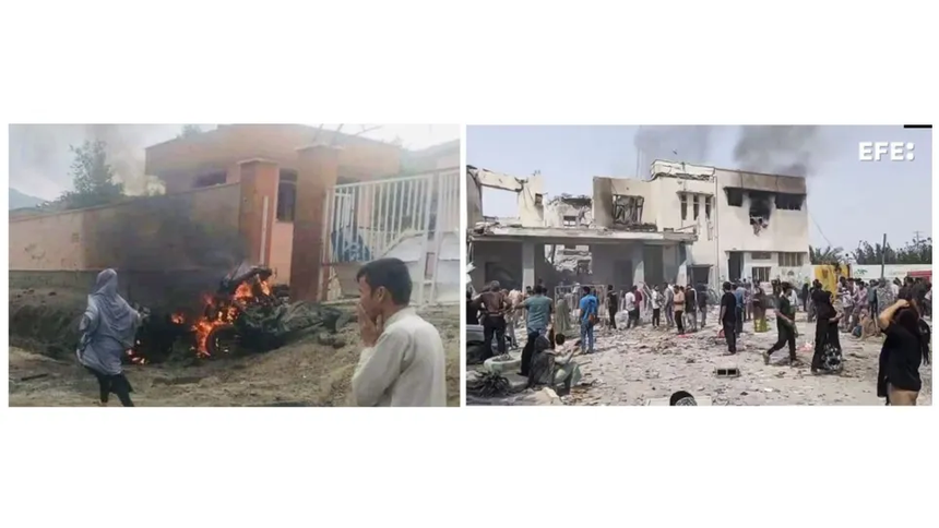 A la izquierda, una fotografía de la escuela que fue atacada en Kabul en 2021. A la derecha, imagen del ataque a un centro escolar en Irán este sábado.