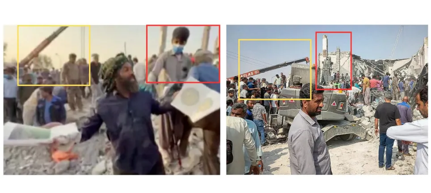 A la izquierda, captura del vídeo difundido por la Agencia EFE. A la derecha, una fotografía del estado de la escuela tras el bombardeo.