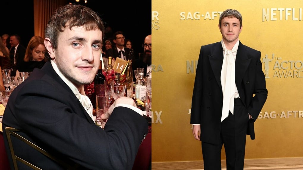 <strong>Paul Mescal</strong> eligió un traje de Saint Laurent y llegó como nominado a Mejor Actor de Reparto por Hamnet.