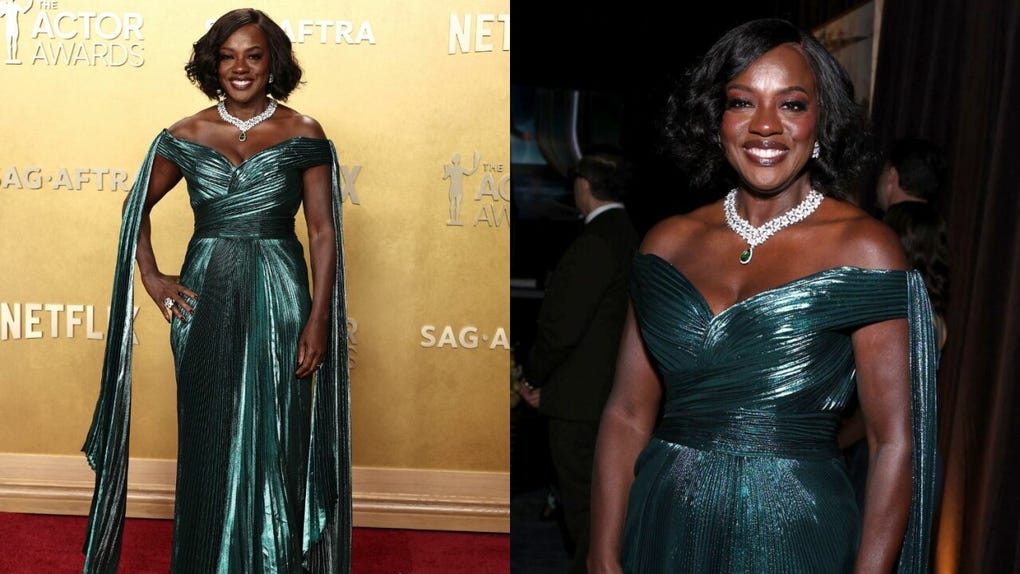 <strong>Viola Davis</strong> impactó con un vestido verde esmeralda de Gucci.