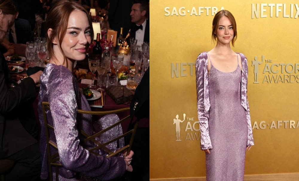 Emma Stone apostó por un look satinado en su paso por la alfombra roja. La actriz estaba nominada a Mejor Actriz por su papel en Bugonia.