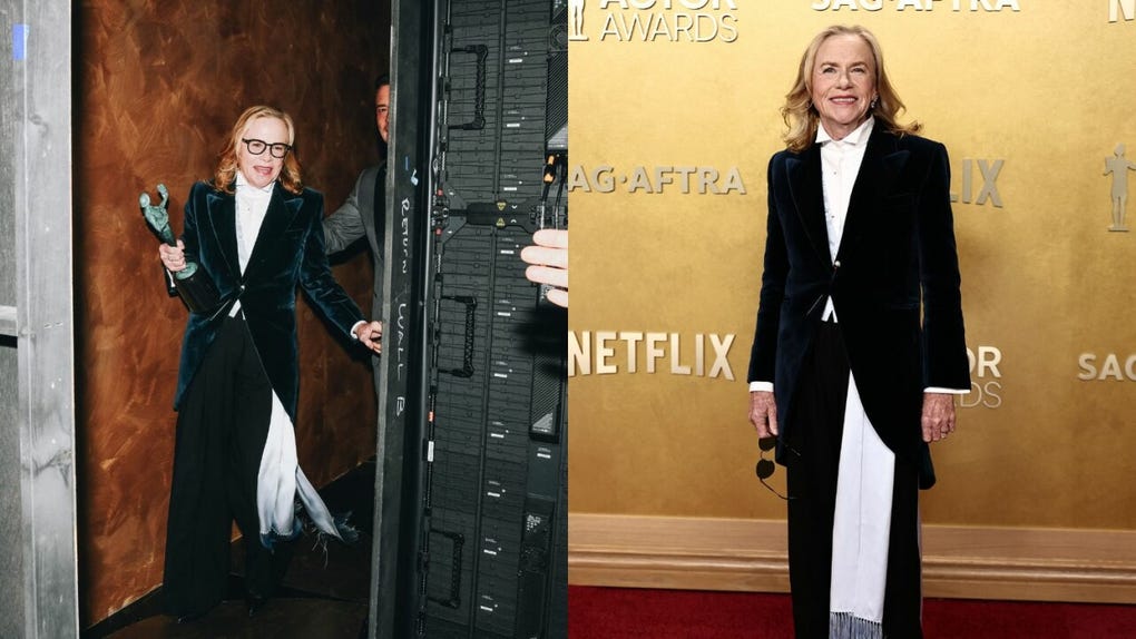 <strong>Amy Madigan</strong> celebró su victoria por su papel en La hora de la desaparición con un elegante traje moderno de Dior.