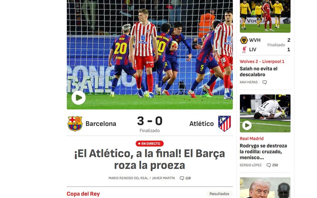 <strong>AS de España:</strong> El Atlético, a la final. El Barza roza la proeza